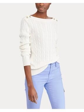 LAUREN Ralph Lauren Cotton Button-Shoulder Cable Sweater In Ivory-Size Large